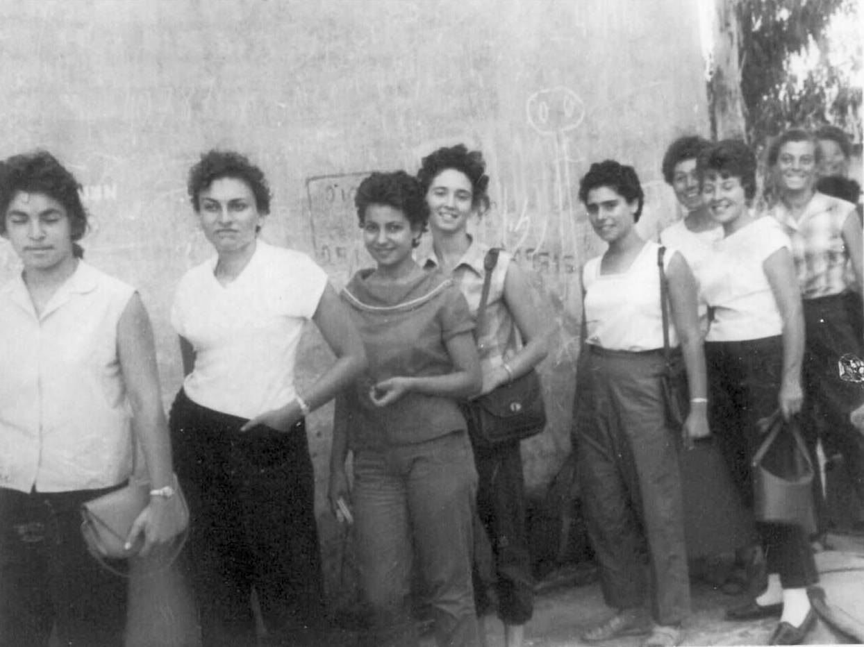 Esther Ofarim (third from left) on the way to military recruitment, ca. 1958.